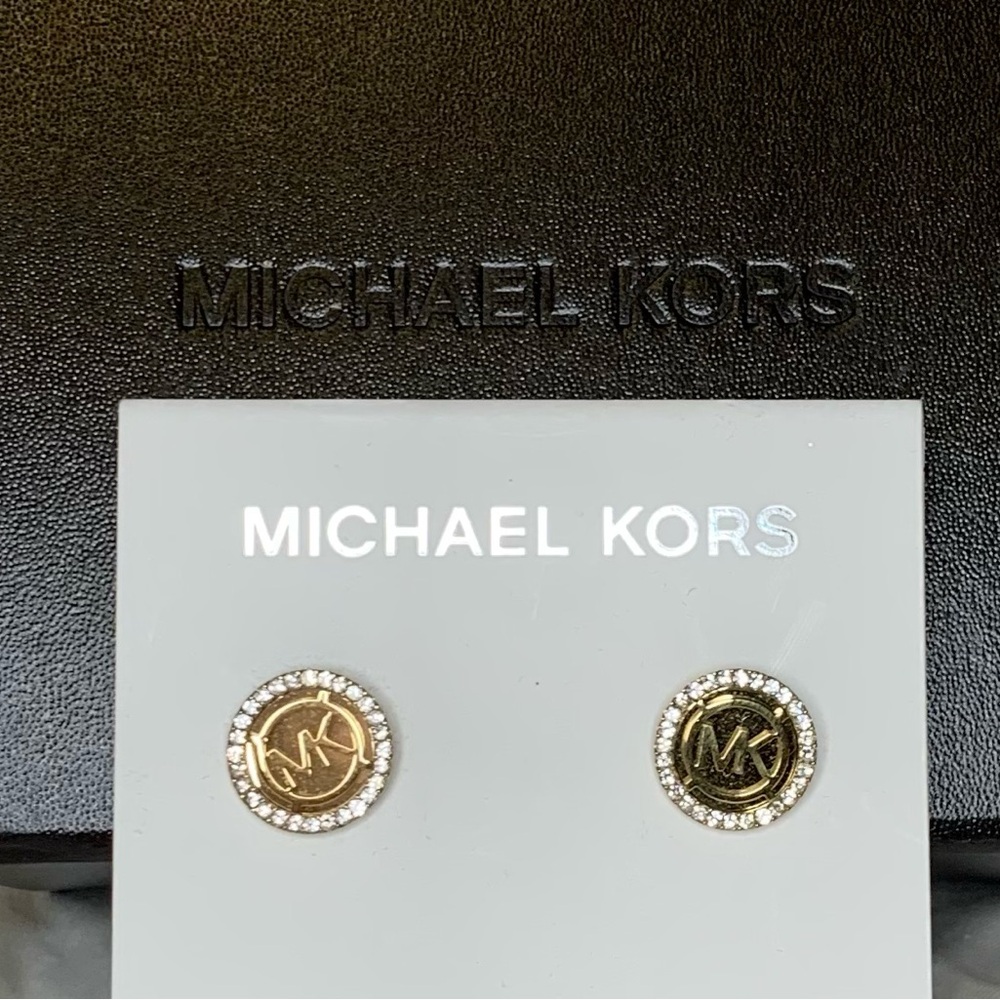 Michael Kors Pacé/MK Logo;  Gold- Tone w/Crystal Accent  Stud Earrings